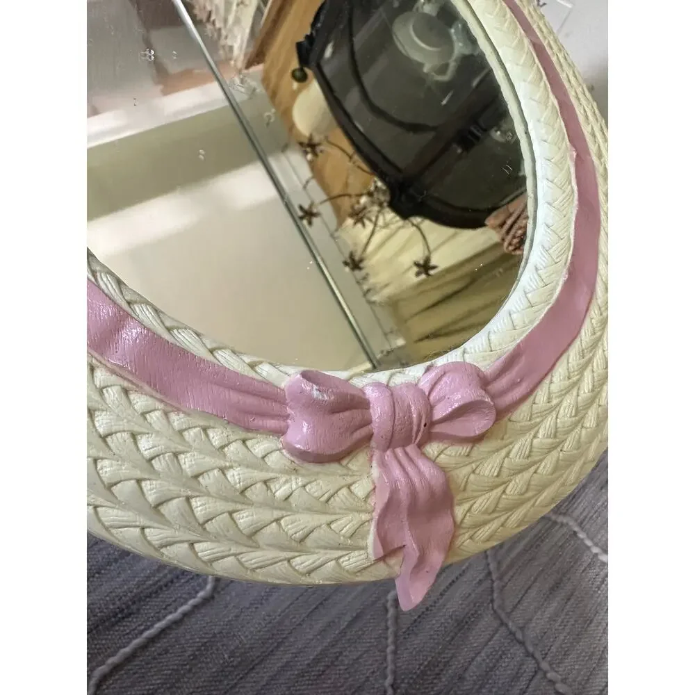 Vintage Oval Nursery Mirror Pink Bow Woven Frame Home girls wall cottage cute